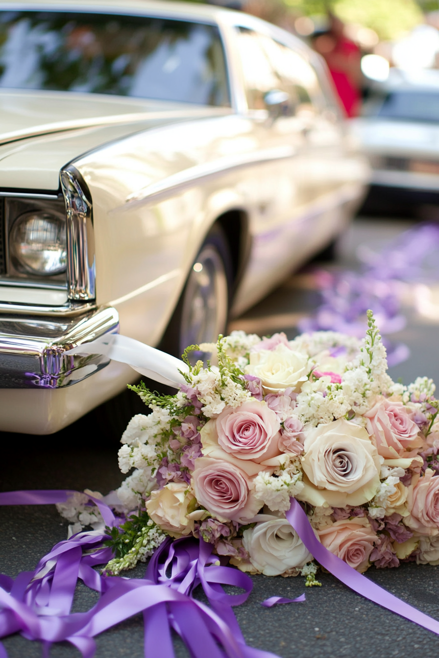 Wedding transport design. Classic white limousine with pastel rose garlands and lavender ribbon streams.