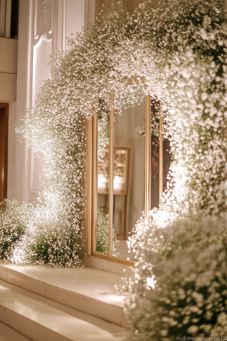 Wedding entrance display. gilded mirror calligraphy with cascade of baby's breath.