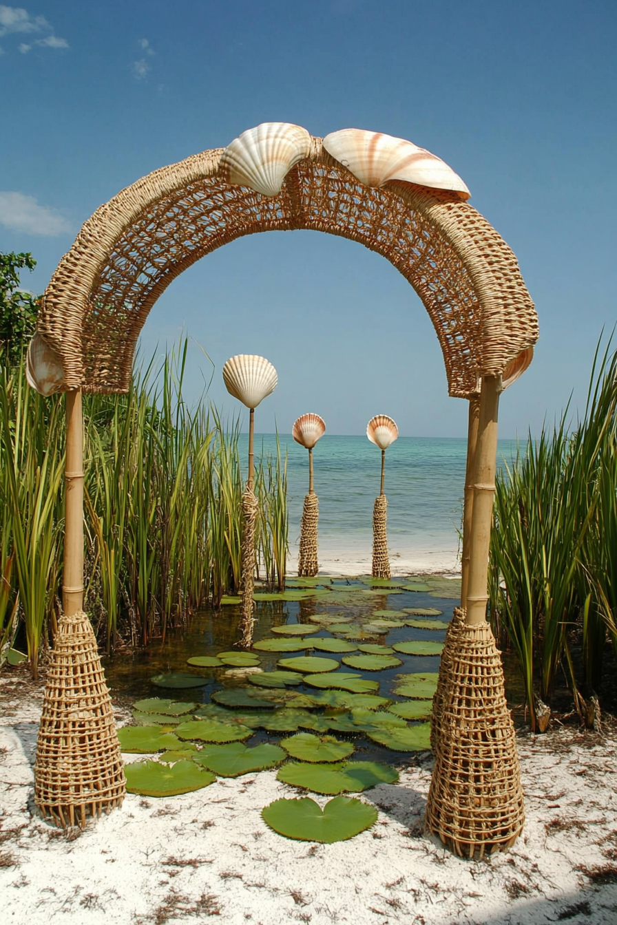 Wedding beach setup. Blesilla shell arch, wicker tiki torches, lily pad covered pond.