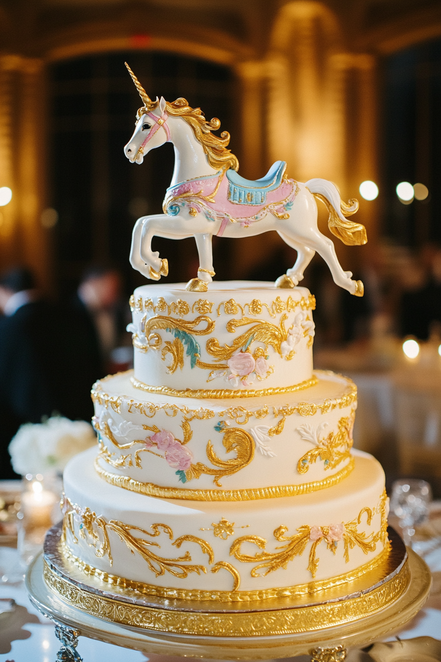 Wedding cake display. Hand-painted carousel horse atop gold-leaf adorned fondant.