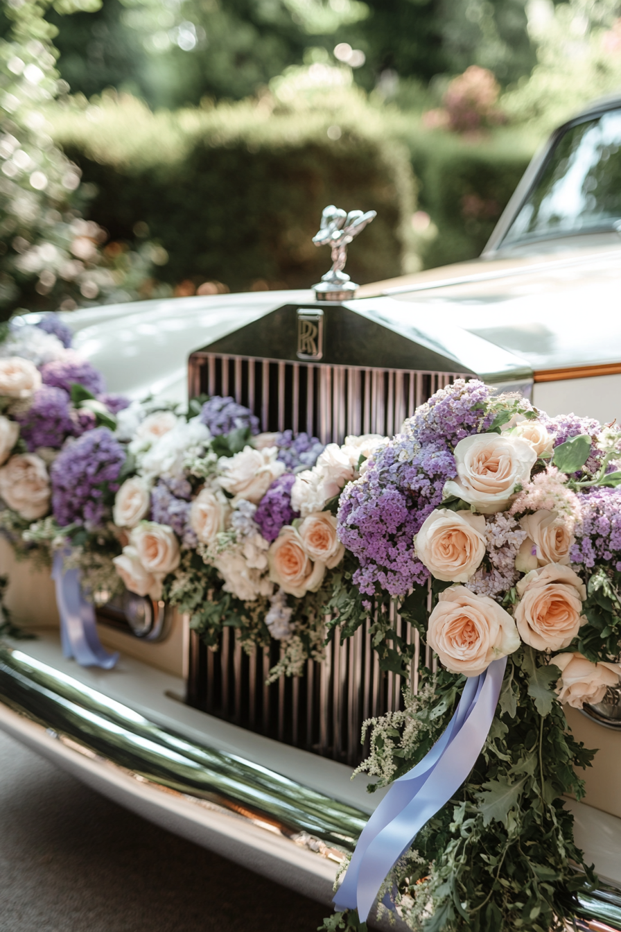 Wedding transport design. Vintage Rolls Royce adorned with lavender garlands and pastel blue ribbons.