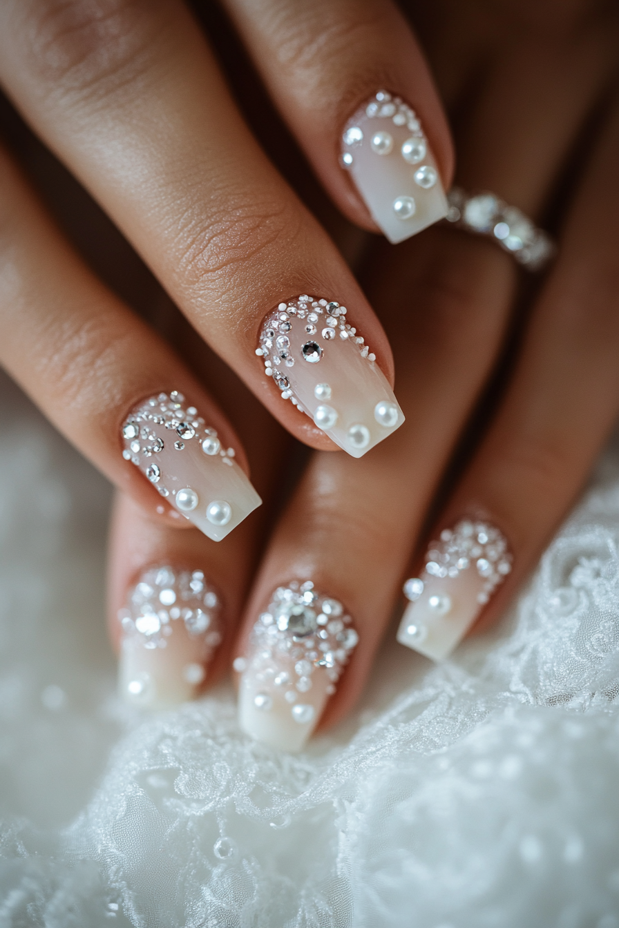 Wedding Day Manicure. White base with pearl accents and crystal tips.