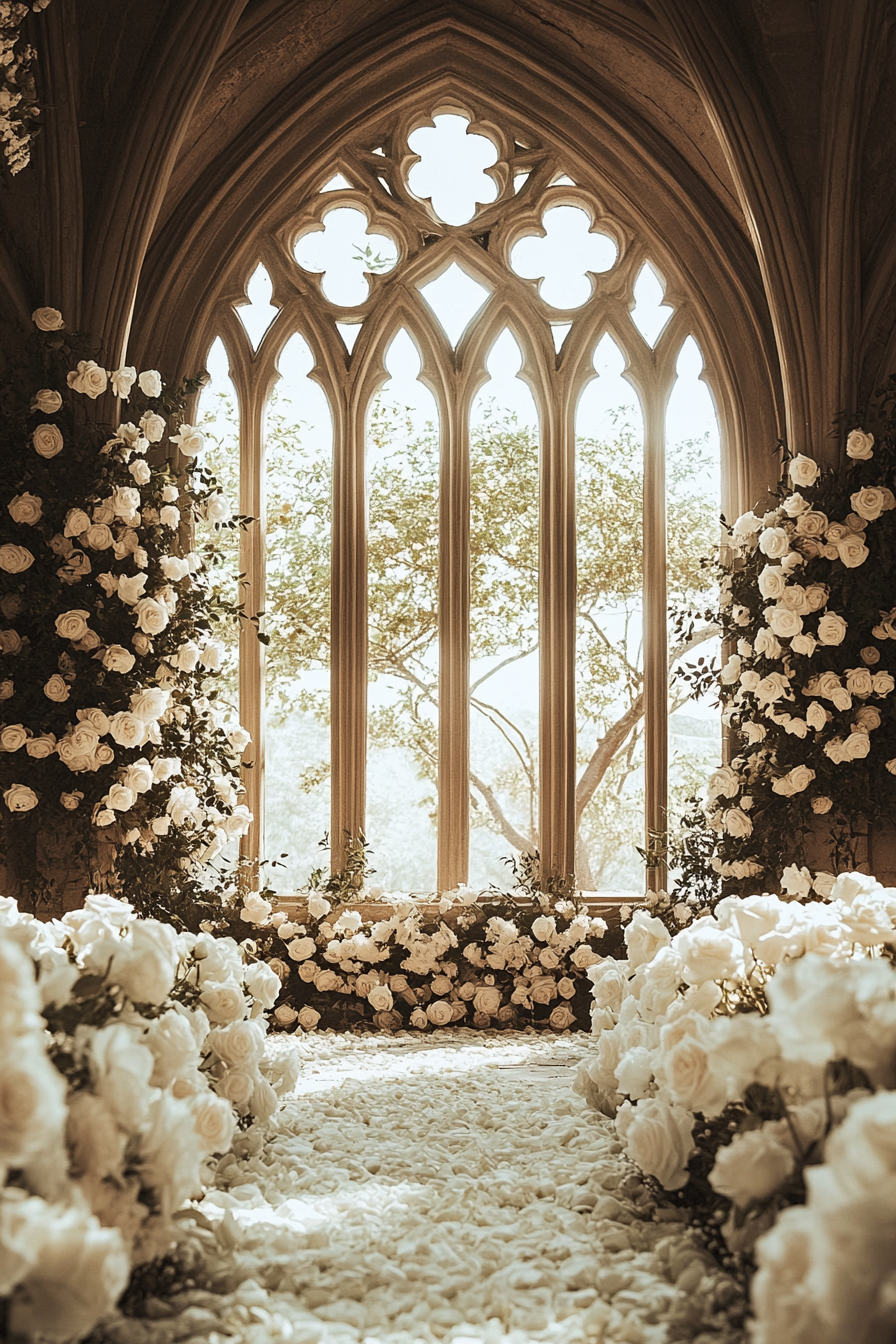 Wedding ceremony setting. Cathedral window surrounded by white roses.