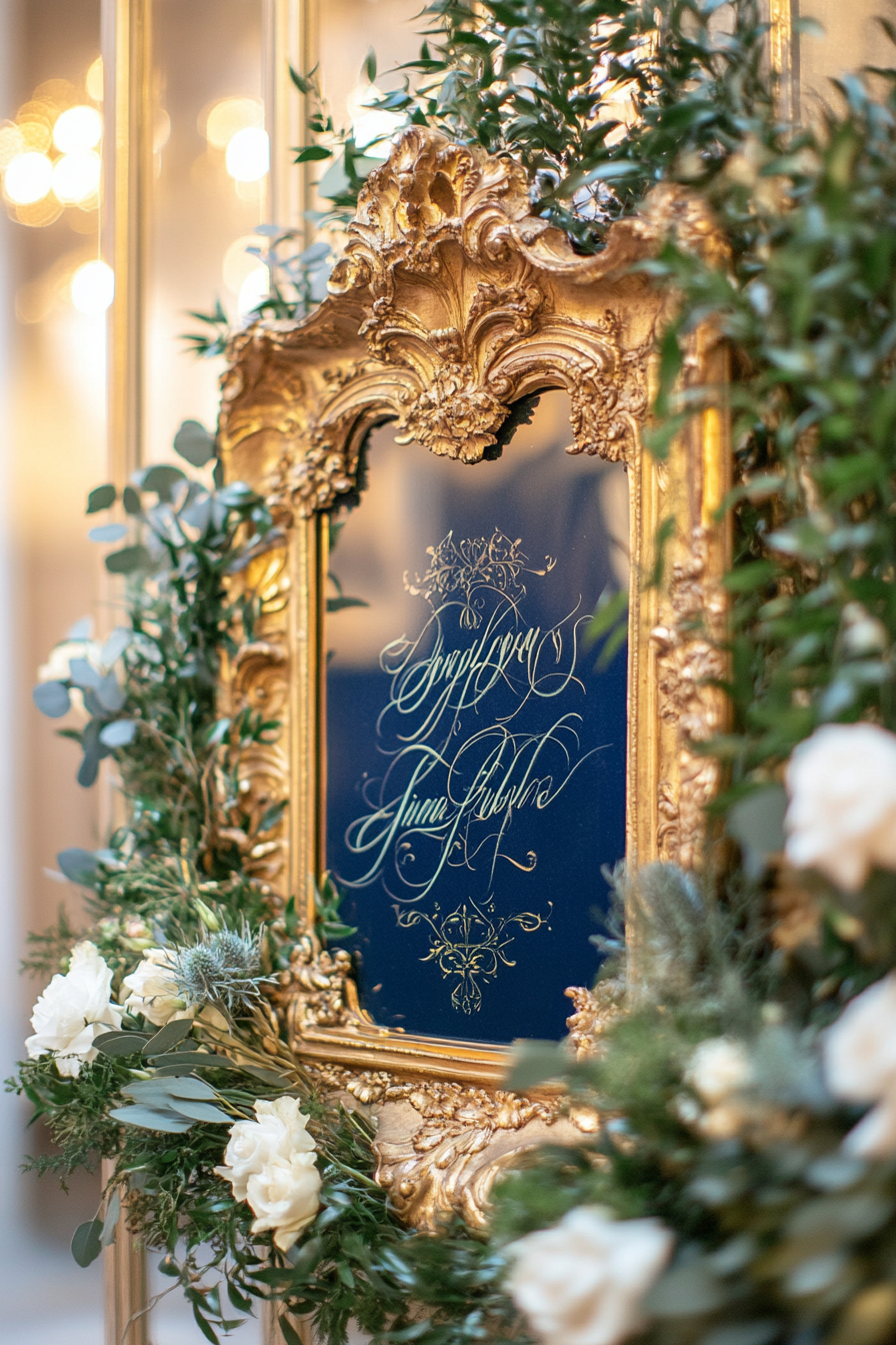 Wedding Entrance Display. Antique gold rococo mirror with midnight blue calligraphy and jasmine floral frame.