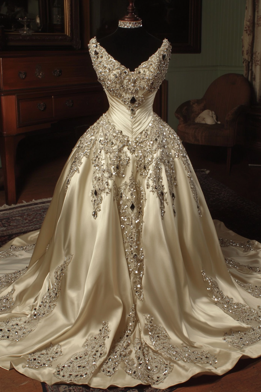 Wedding gown. Ivory silk, cathedral train, crystalized bodice.