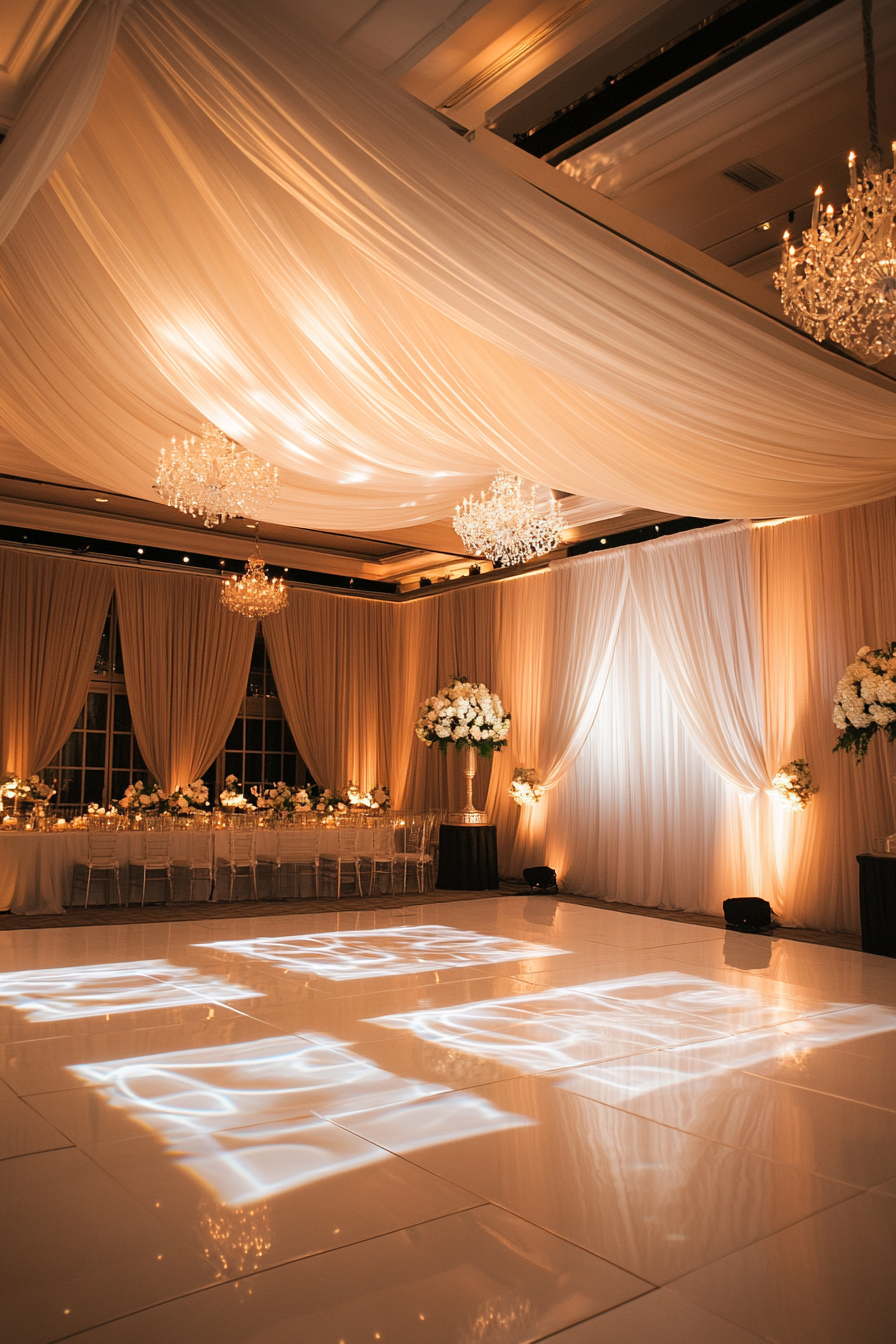 Wedding entertainment space. Chiffon canopy, monogram light projection, LED-bordered dance floor.