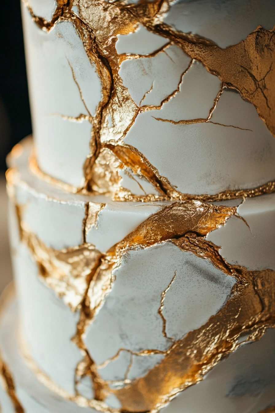 Wedding cake design. Metallic tiers with gold veining.