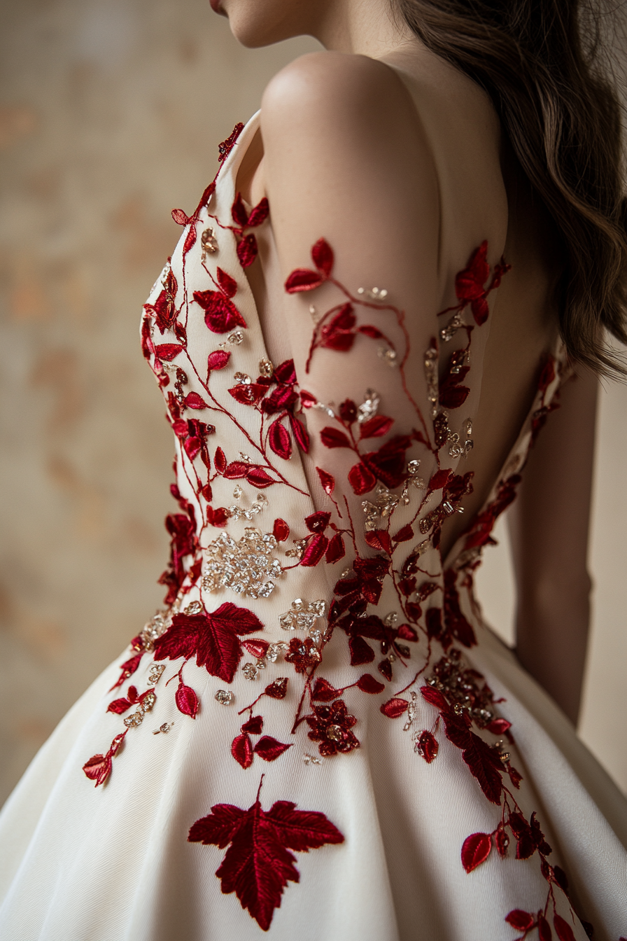 Wedding gown feature. Scarlet velvet design with falling leaf embroidery and loose crystal scattering.