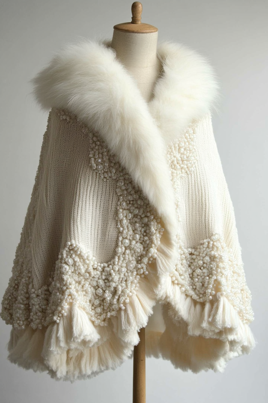 Wedding outerwear. Ivory cashmere cape with faux fur trim and pearl beading.