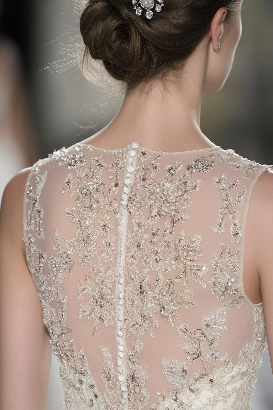 Wedding gown feature. Chapel-train silhouette with fairy-tale embroidery and delicate crystal embellishments.