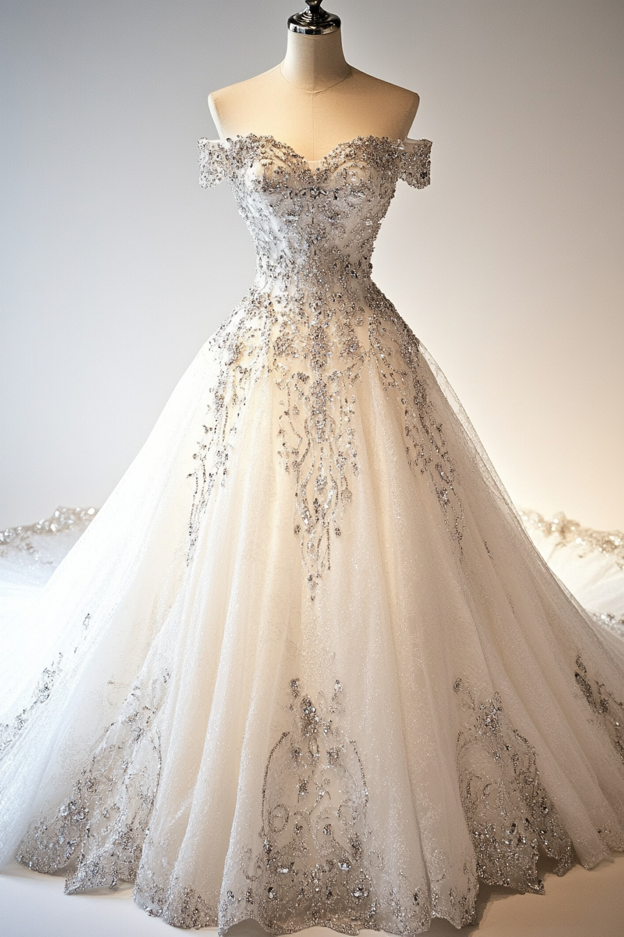 Wedding gown. Off-shoulder, crystal bodice with a cathedral train.