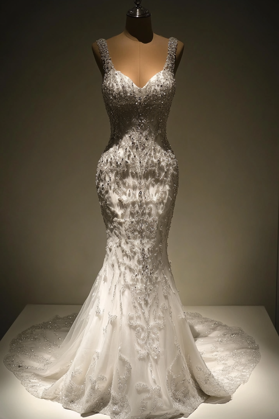 Wedding Gown Feature. White body-hugging mermaid style with crystal scatter.