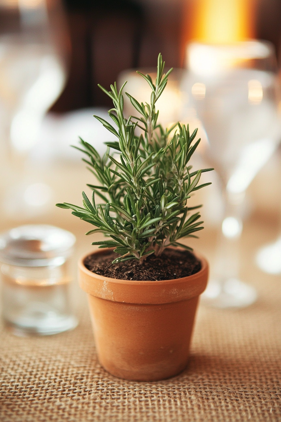 Wedding reception setup. Potted rosemary centerpiece on burlap tablecloth.