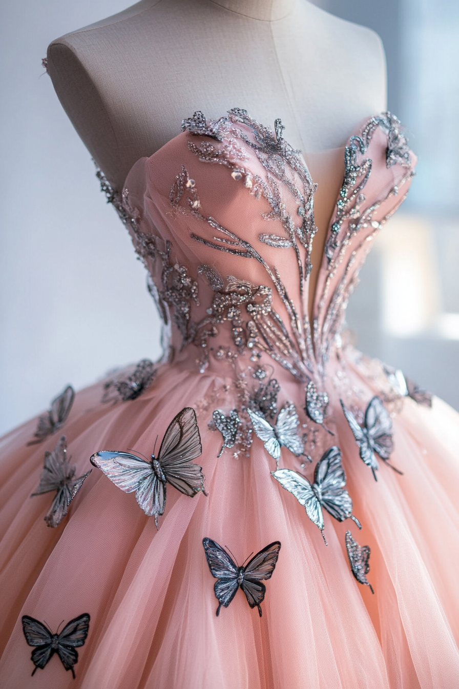 Wedding ball gown. Pink tulle layers, silver butterfly appliques.