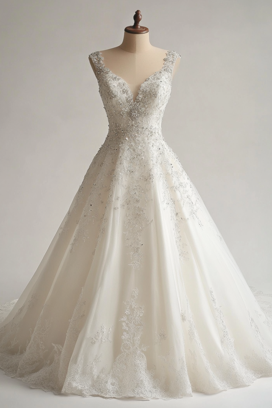 Wedding gown. Crystalized bodice and cathedral train with lace embroidery.