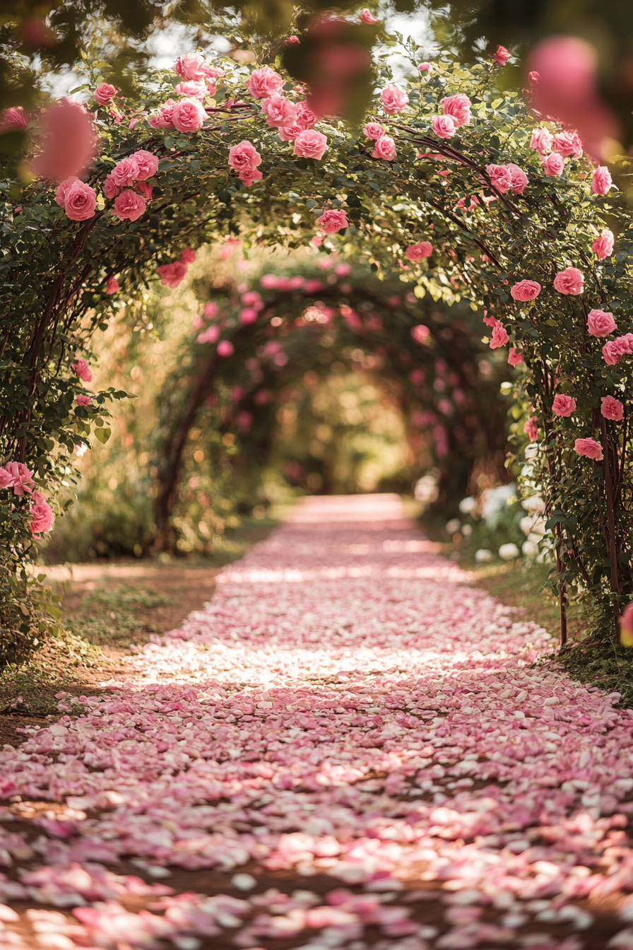 Wedding garden ceremony. Mauve rose arches on dove white petal pathway.