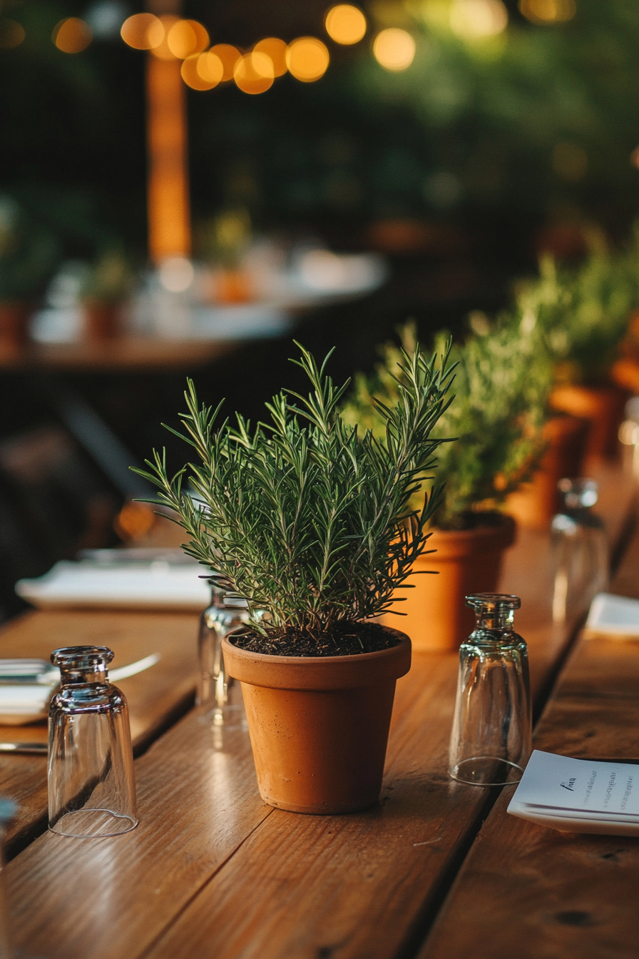 Wedding reception setup. Rosemary potted plants adorning mahogany long tables.