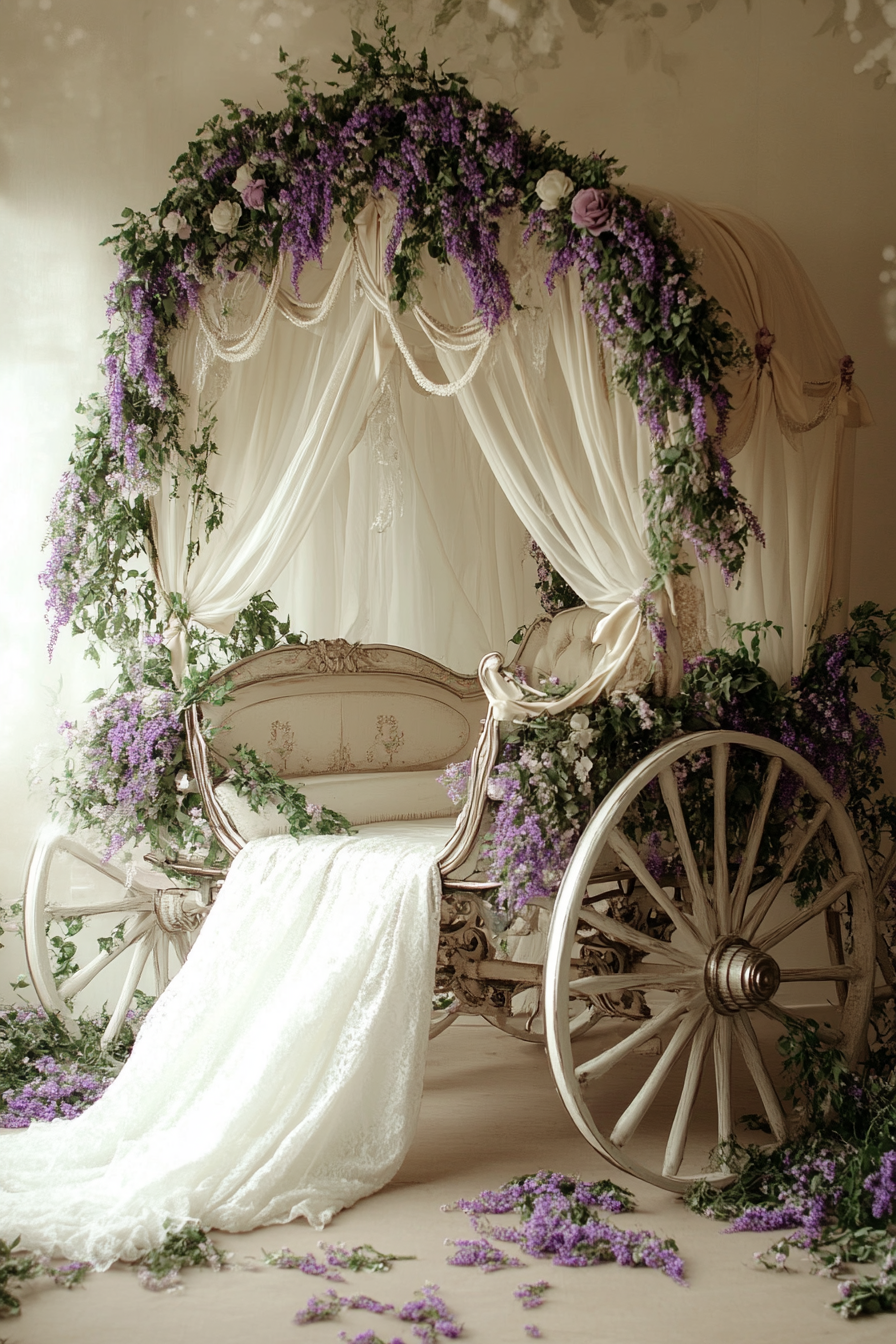 Wedding transport design. Vintage carriage with lavender garlands and satin ribbons.