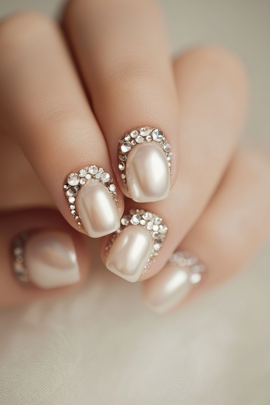 Wedding manicure. French tips accented with tiny crystals and solitary pearl on Tumblr finger.