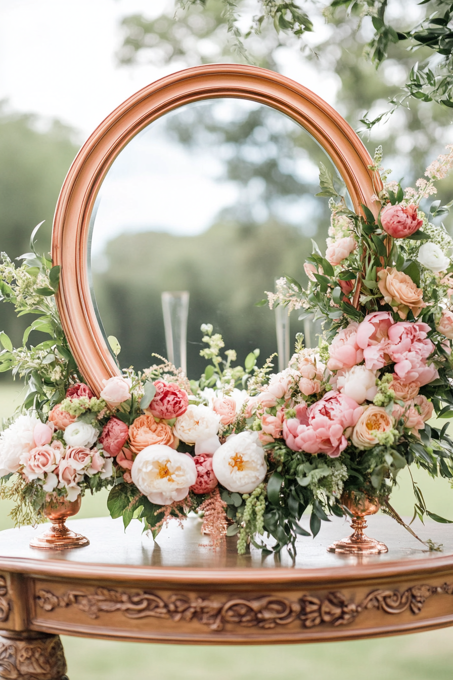 Wedding Entrance Display. Round mirror with swing copper calligraphy, peony florals frame.