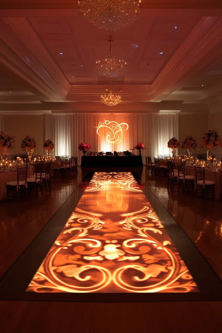 Wedding entertainment space. Rose gold LED borders and gold monogram projection.