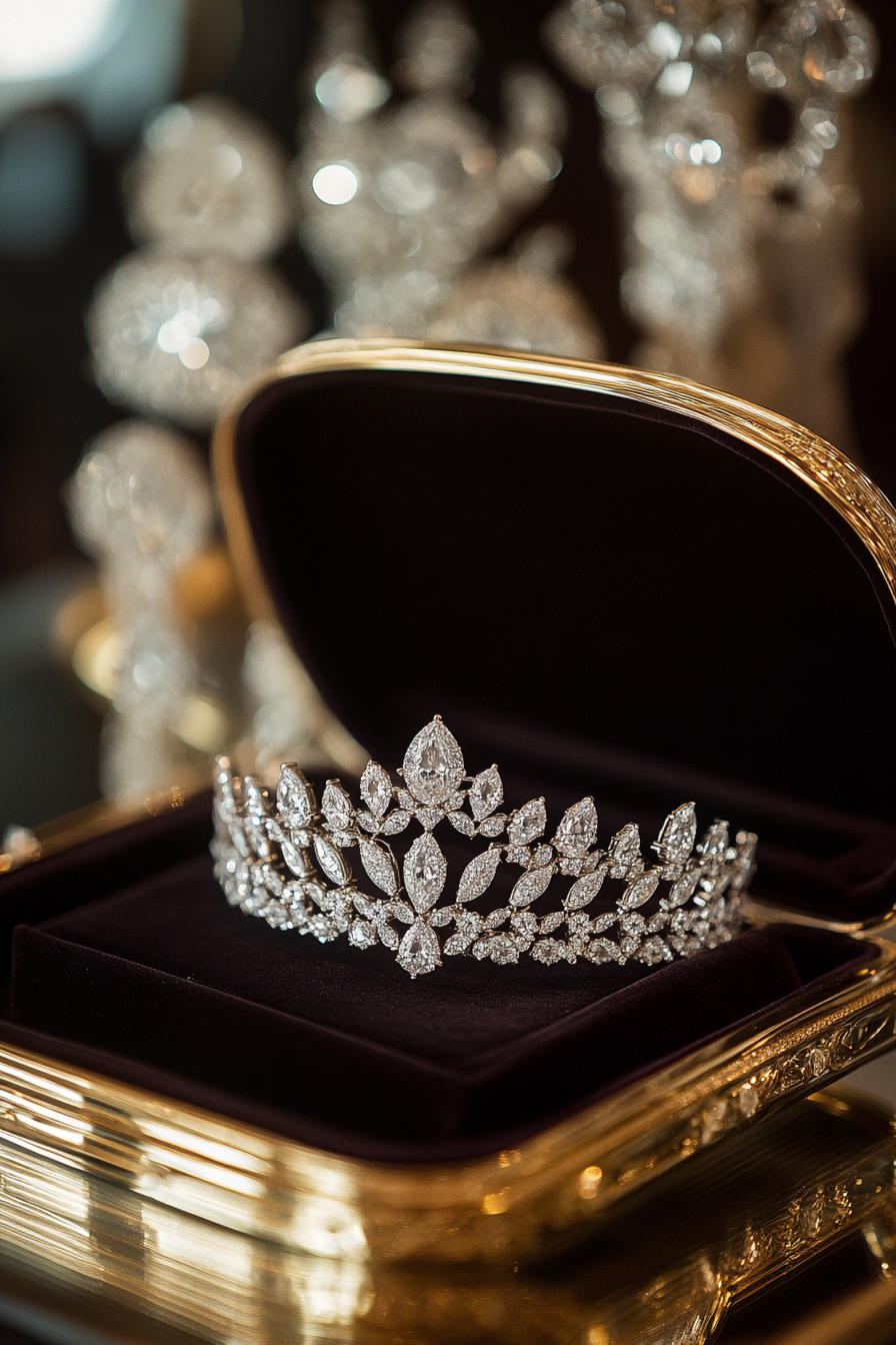 Wedding jewelry showcase. Velvet box of diamond tiara against gold mirror tray.