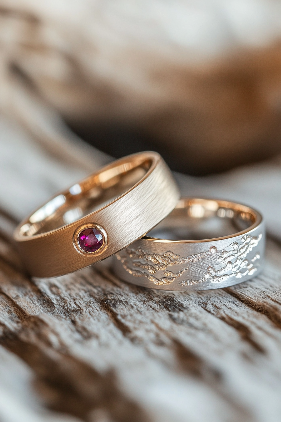 Wedding ring collection. Mixed metals with a hidden ruby.