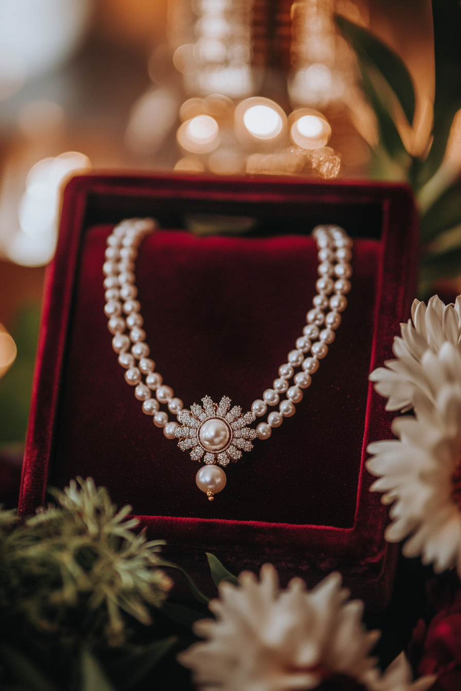 Wedding jewelry showcase. Pearl necklace on crimson velvet box.