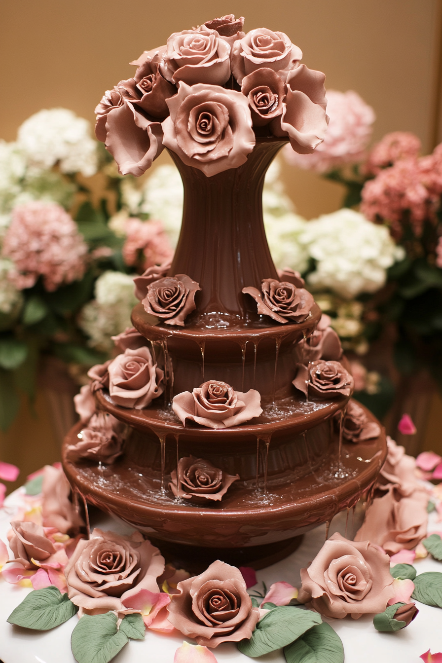 Wedding dessert display. Chocolate fountain surrounded by handcrafted sugar roses and cascading petals.