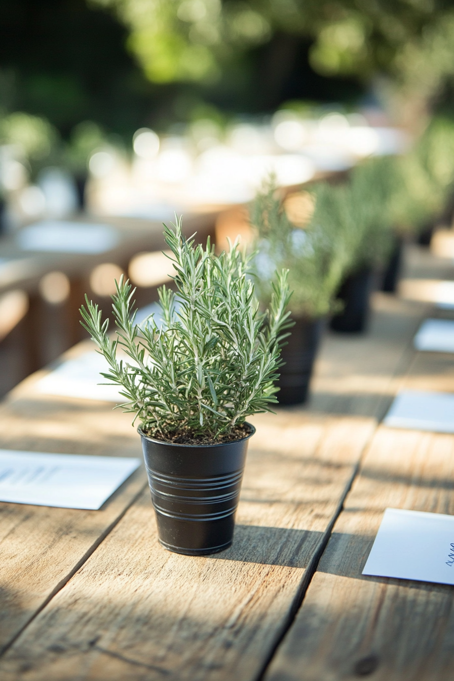 Wedding reception setup. Rosemary potted centerpieces on reclaimed wood tables.