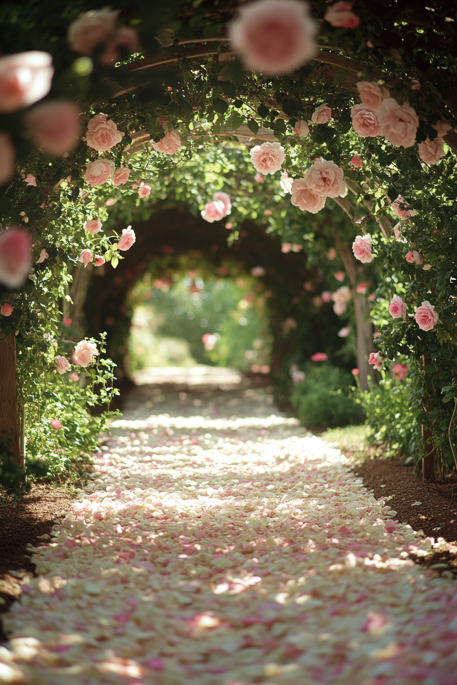 Wedding Garden Ceremony. Rose-covered arches and white petal pathways.