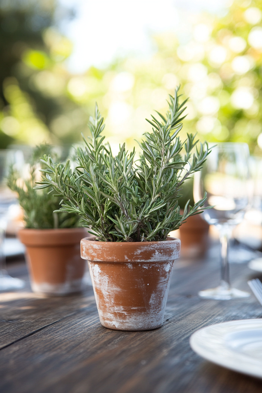 Wedding reception setup. Sage and rosemary potted centerpiece on rustic wooden table.