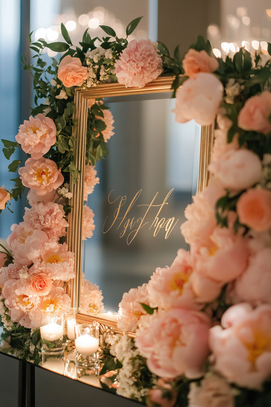 Wedding entrance display. Rectangular mirror with gold calligraphy, encased in peony floral frame.