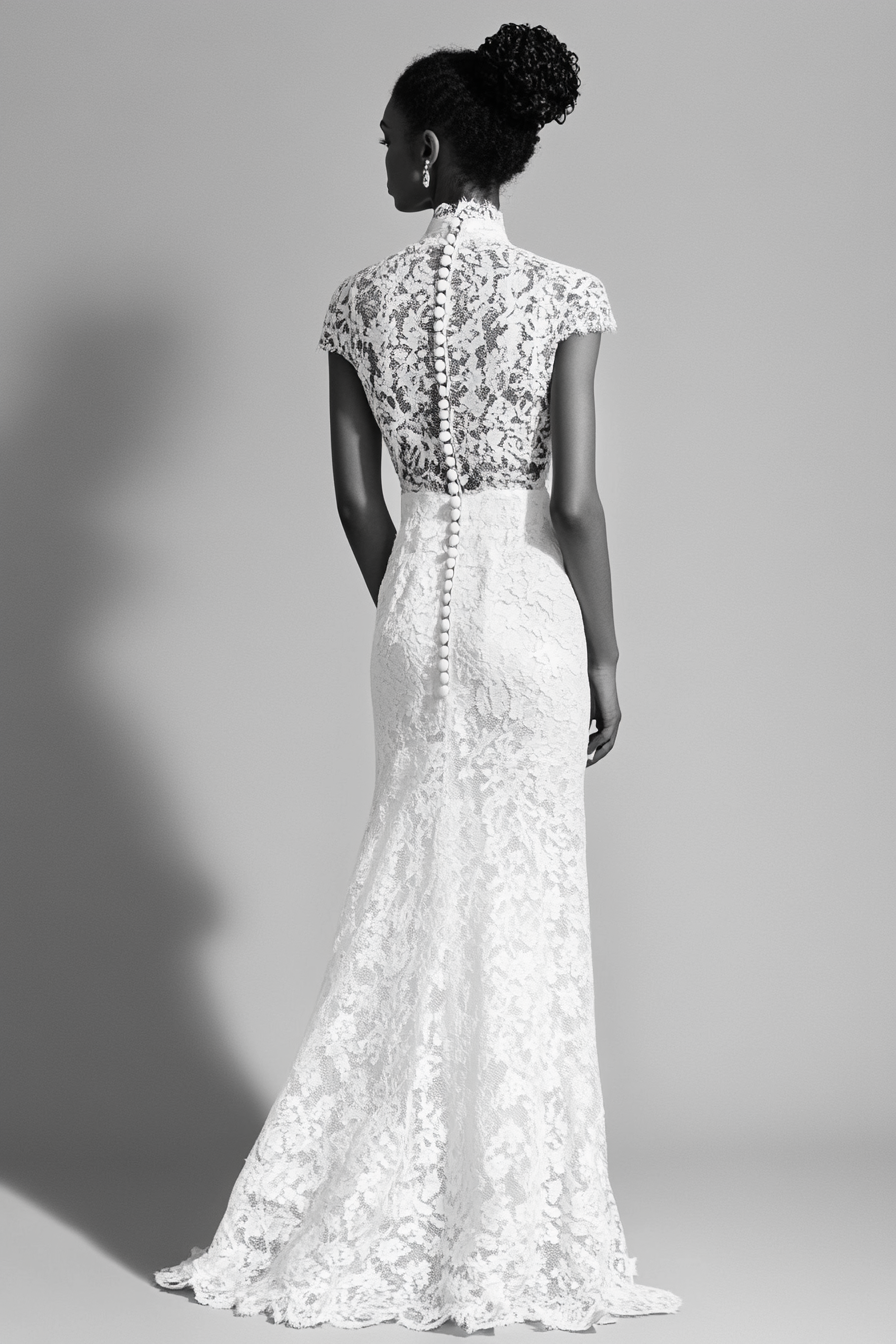 Wedding dress. Column silhouette with Chantilly lace and pearl button accents.