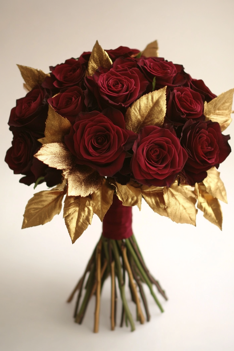 Wedding bouquet. Burgundy roses mingled with gold leaf accents.