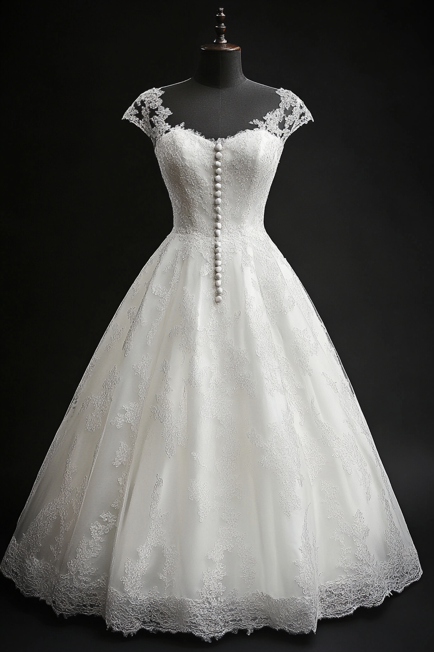 Wedding dress. Ball gown silhouette with Chantilly lace and pearl buttons.