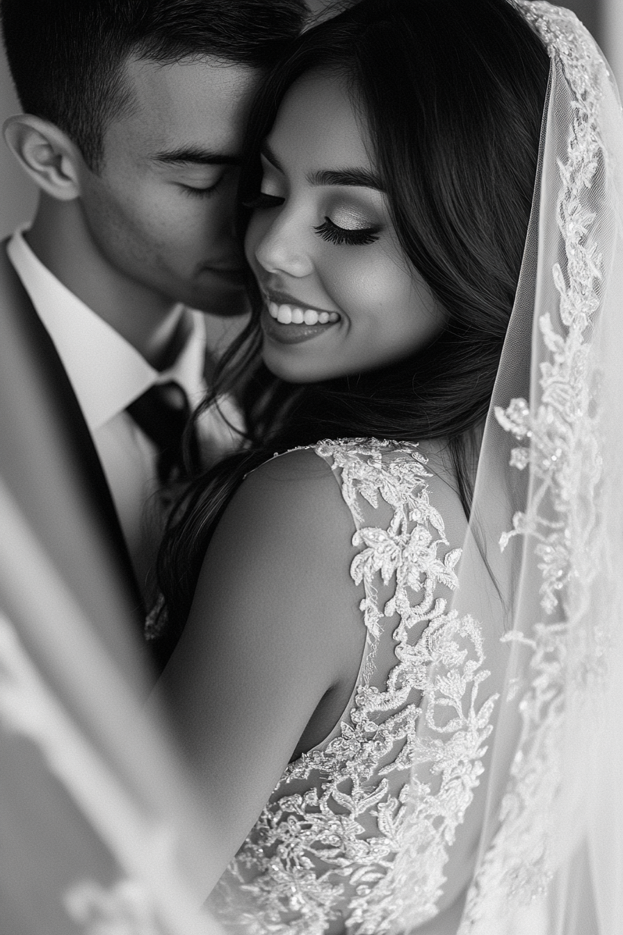 Wedding gown feature. Lace embroidery telling couple's story with scattered clear crystals.