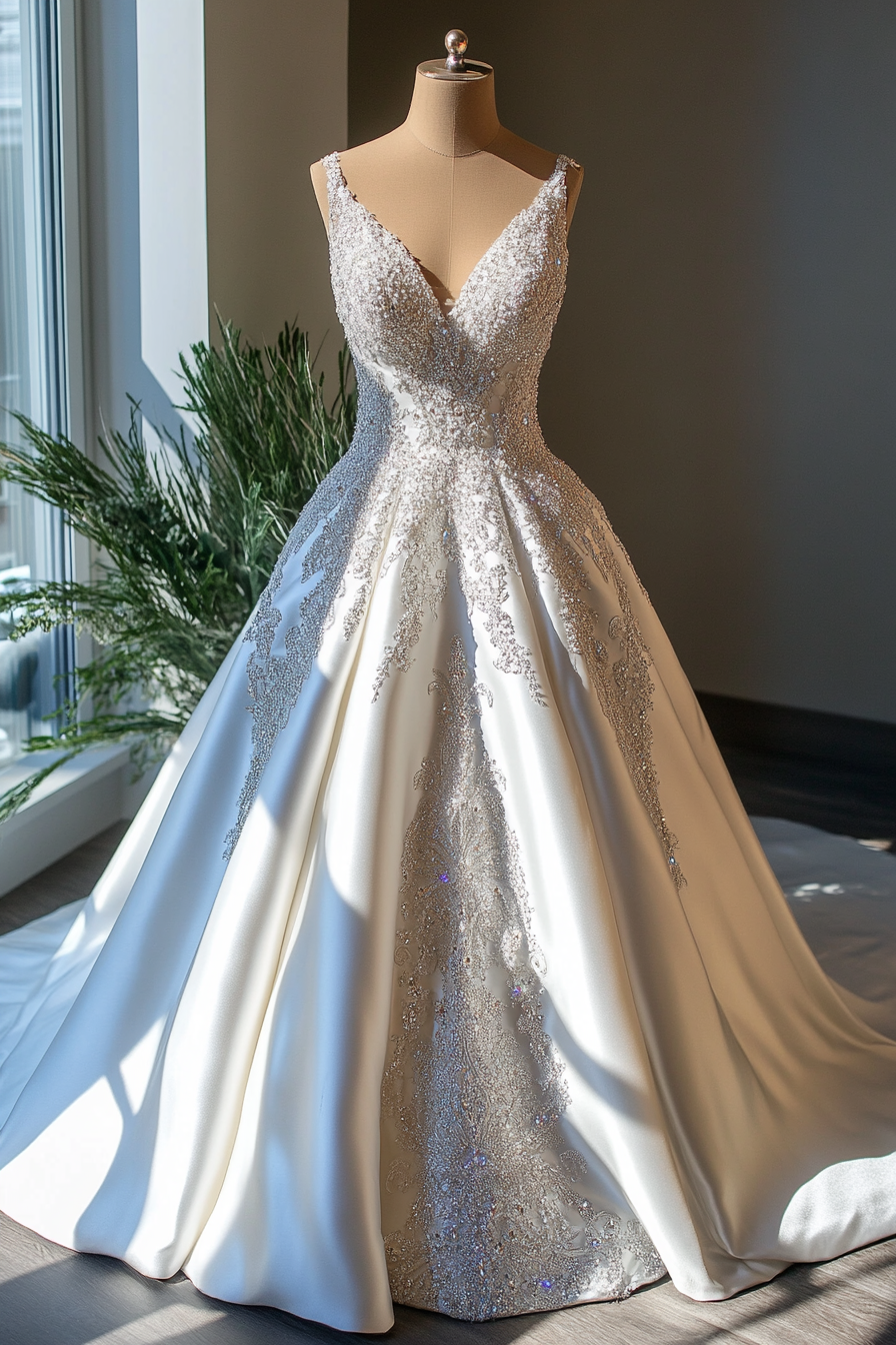 Wedding gown collection. Satin gown with cathedral train and crystalized bodice.