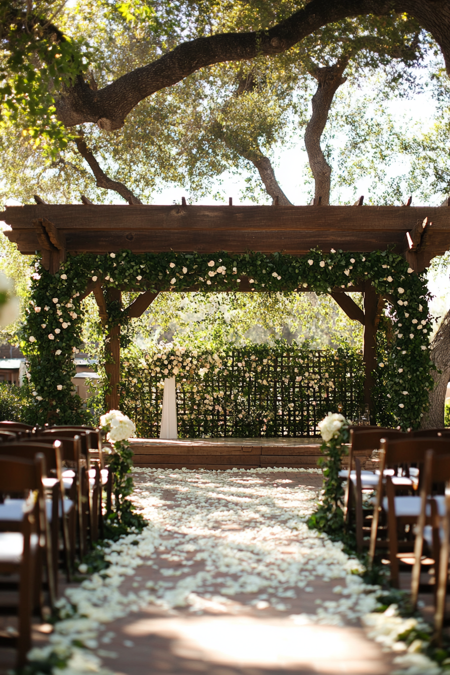 Wedding ceremony backdrop. Live ivy lattice with desert roses.