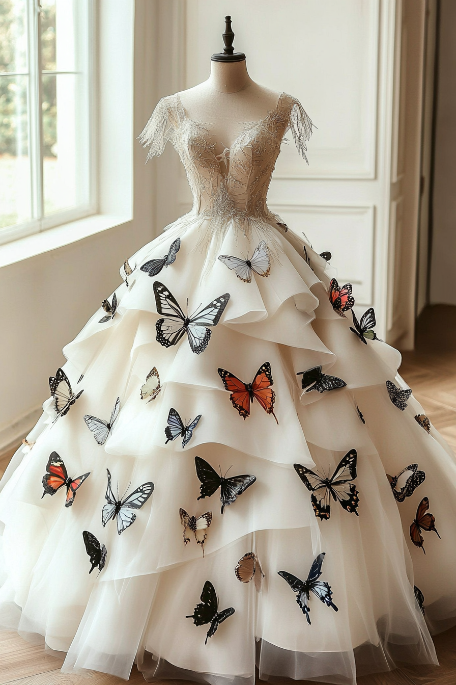 Wedding Ball Gown. Ivory tulle layers, butterfly appliques.