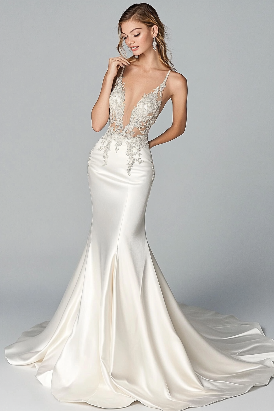 Wedding gown feature. Satin train with embroidered love story, scattered petite crystal accents.