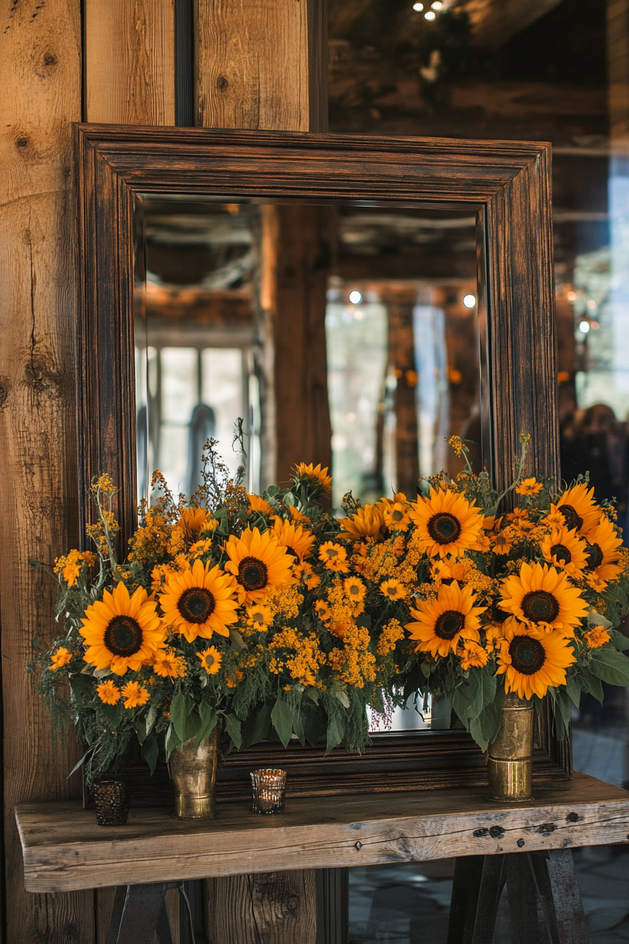 Wedding Entrance Display. Mirrored calligraphy on rustic wood framed by vibrant sunflowers.