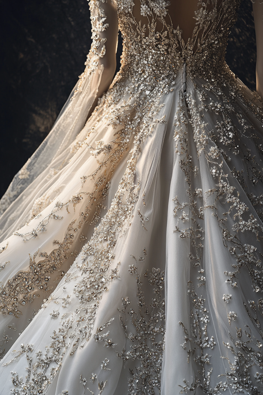 Wedding gown feature. Long train scattered with crystal details and intricate story-driven embroidery.