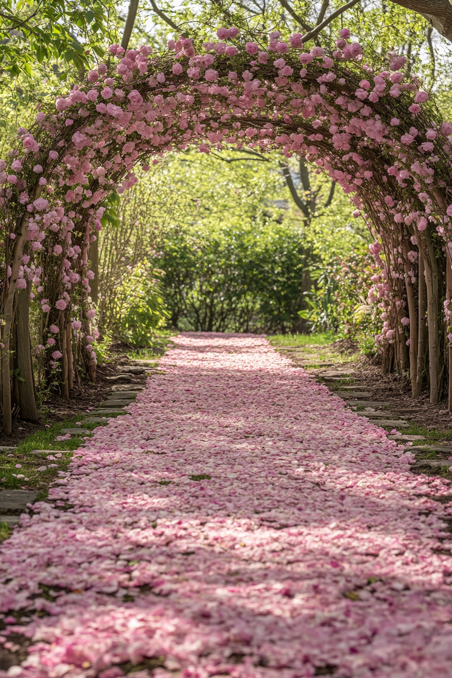 Wedding garden ceremony. Blush rose arch and cherry blossom petal pathway.