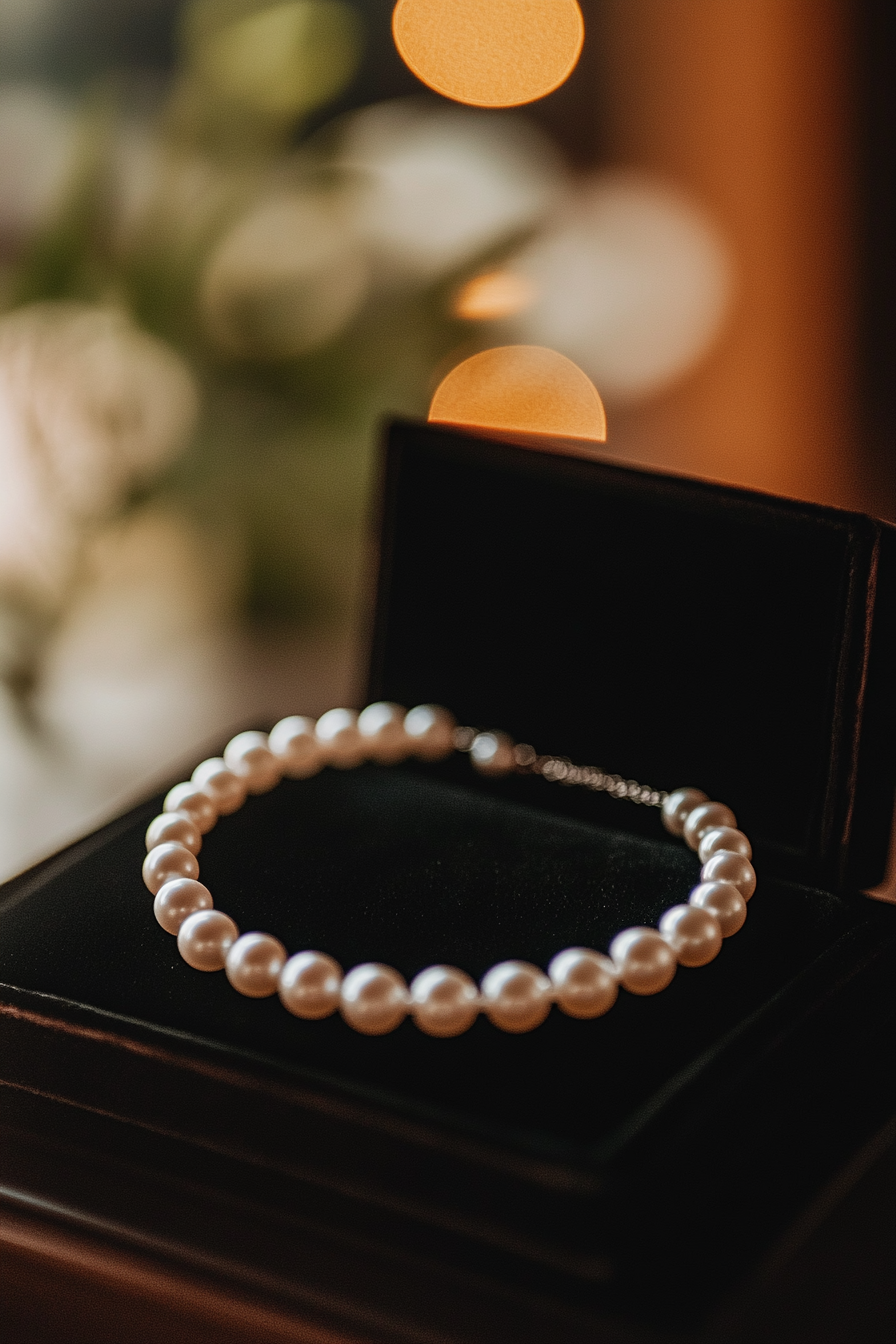 Wedding Jewelry Showcase. Pearl necklace on black velvet box.