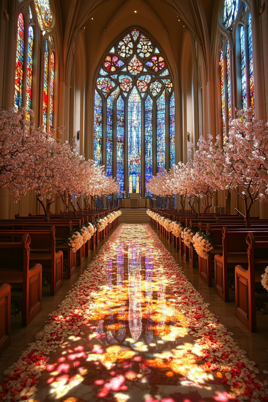 Wedding Ceremony Setting. Cherry blossom-lined aisle against an opulent, multi-colored stained glass background.