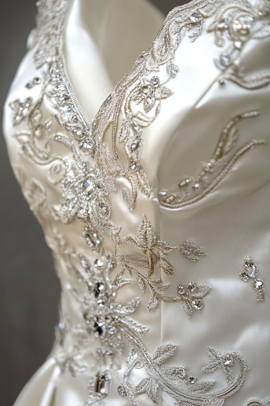 Wedding gown. White satin, story embroidery, sprinkled crystal details.