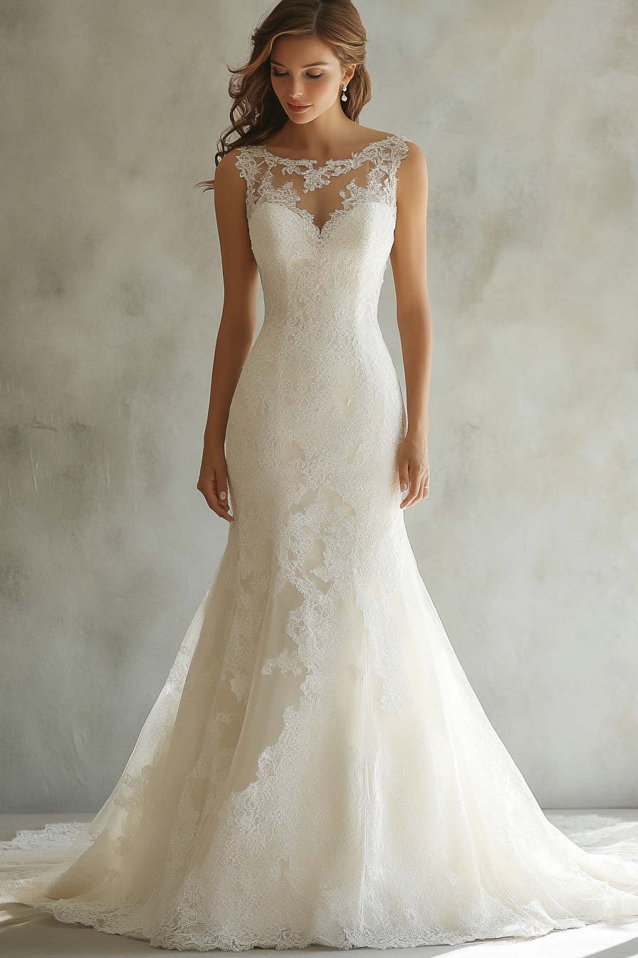 Wedding Dress Collection. Illusion neckline gown with Chantilly lace and pearl buttons.