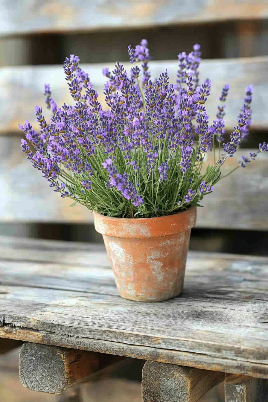 Wedding reception setup. Lavender potted centerpiece on a rustic wooden table.