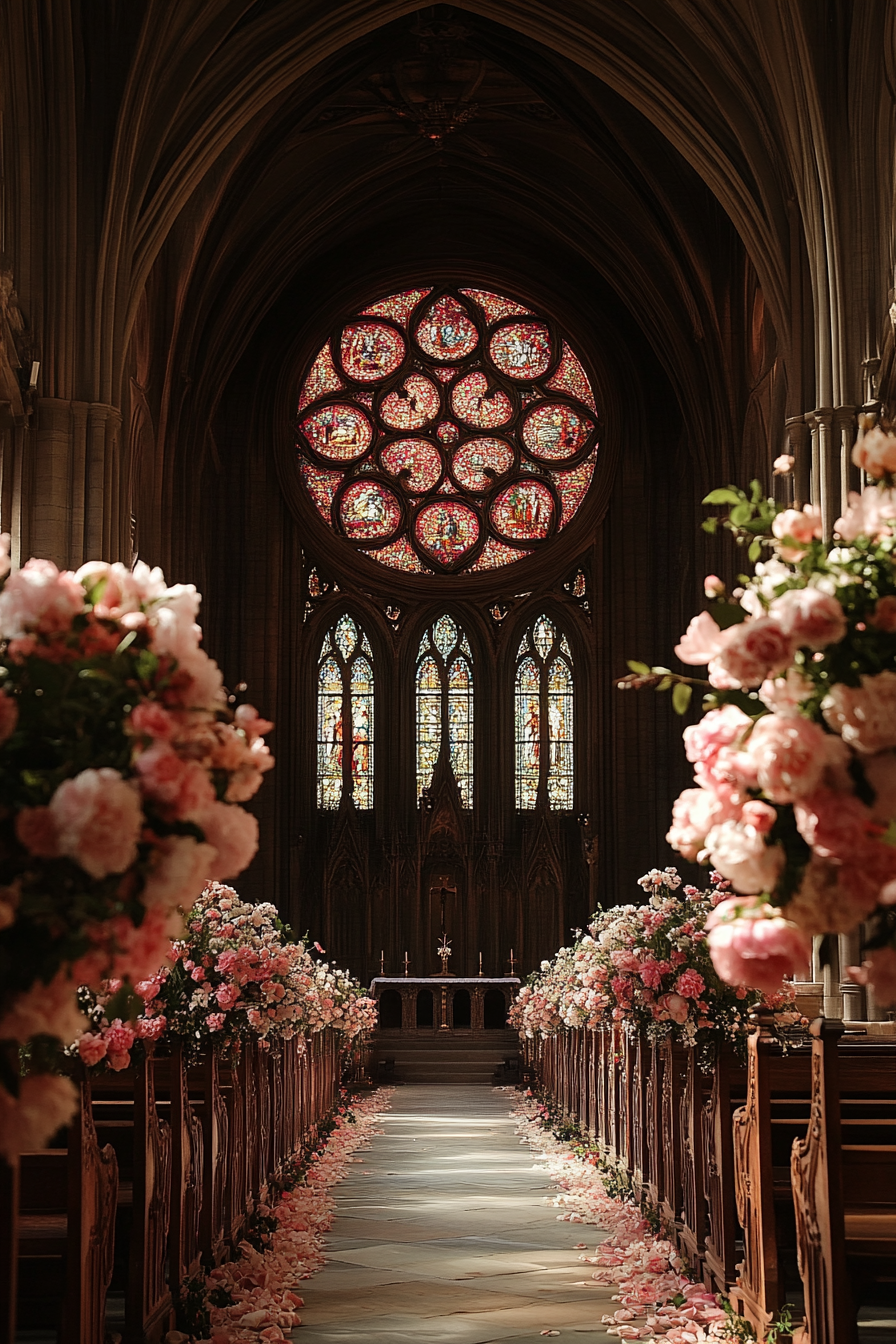 Wedding ceremony setting. Gothic cathedral with rose window and peony-bordered aisle.